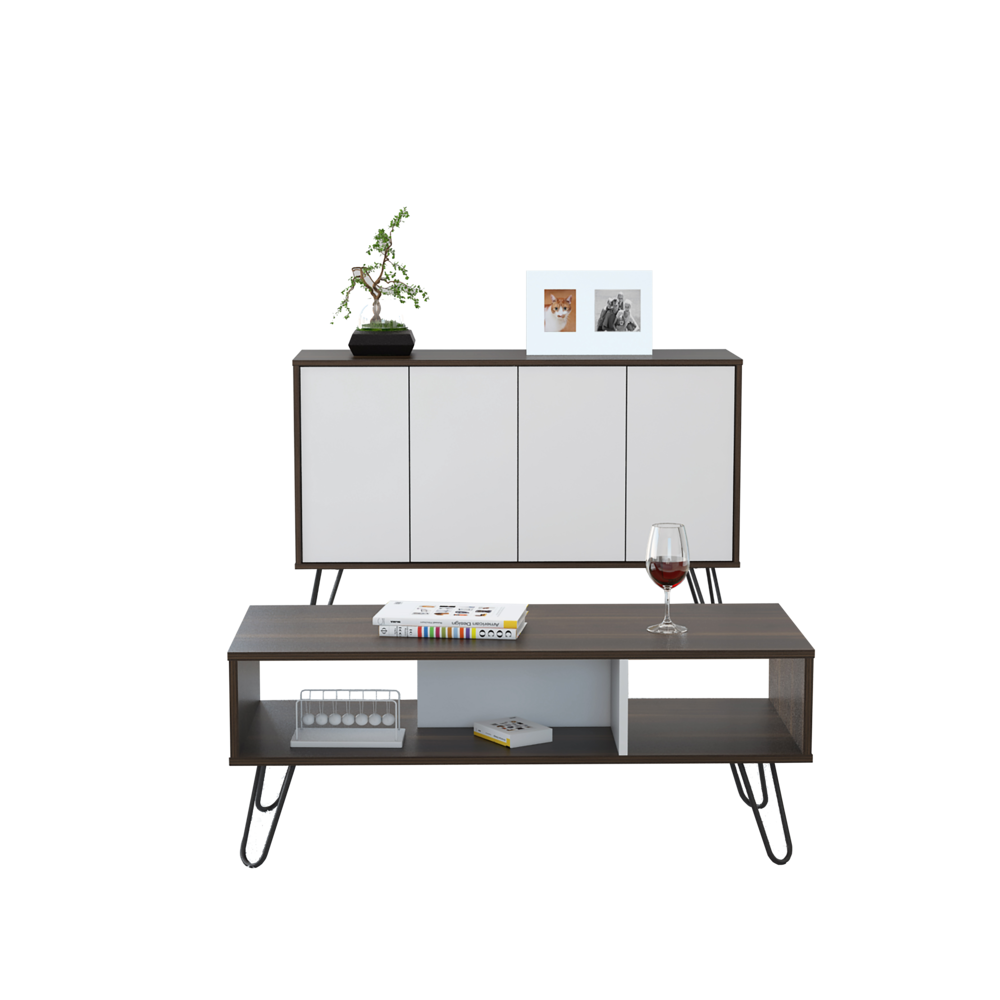 Bife + Mesa de Centro Vassel Color Habano y Blanco Para Sala De Estar